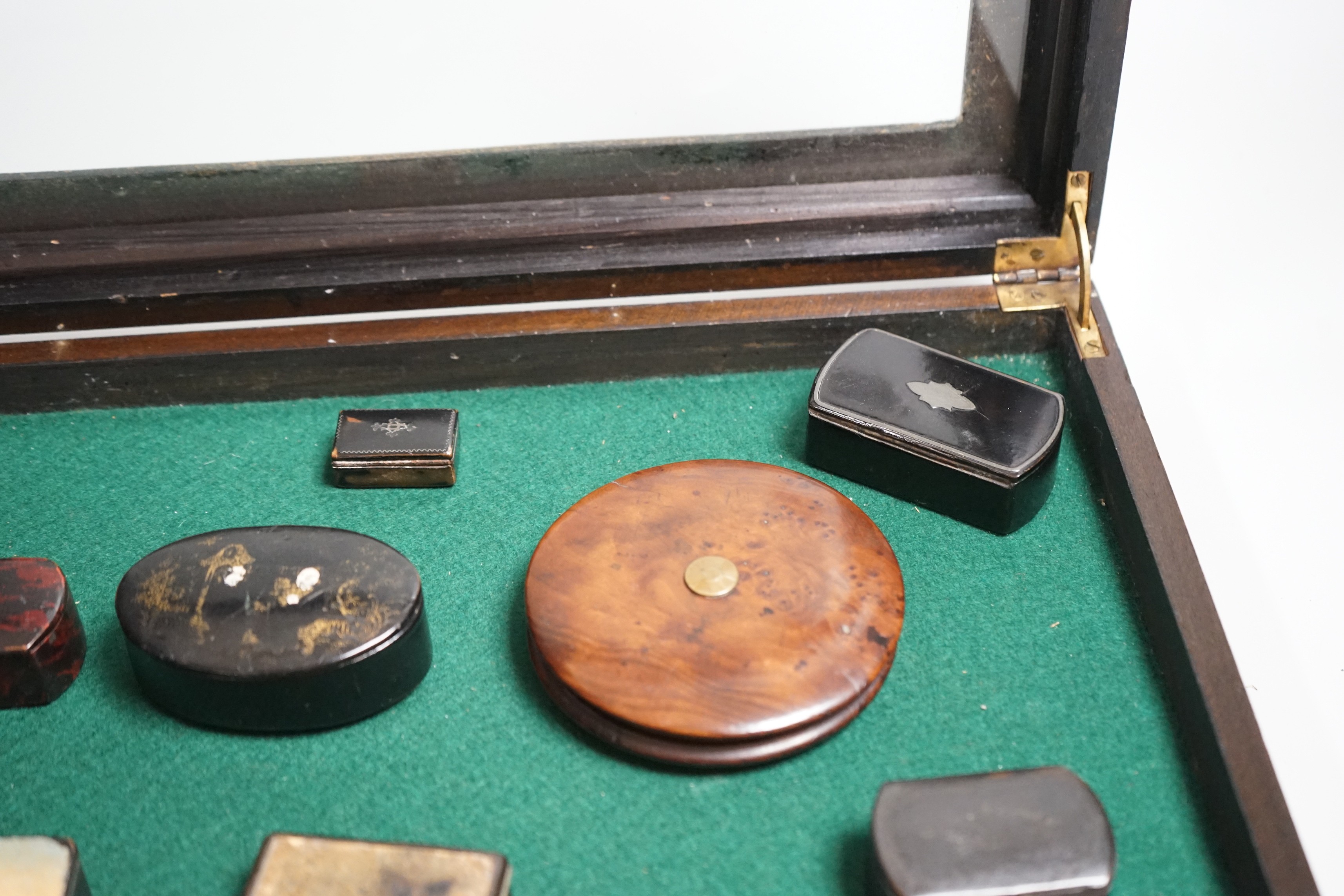 A collection of turned treen and various japanned papier mache boxes, contained in a glazed topped mahogany box-37cms x 24cms